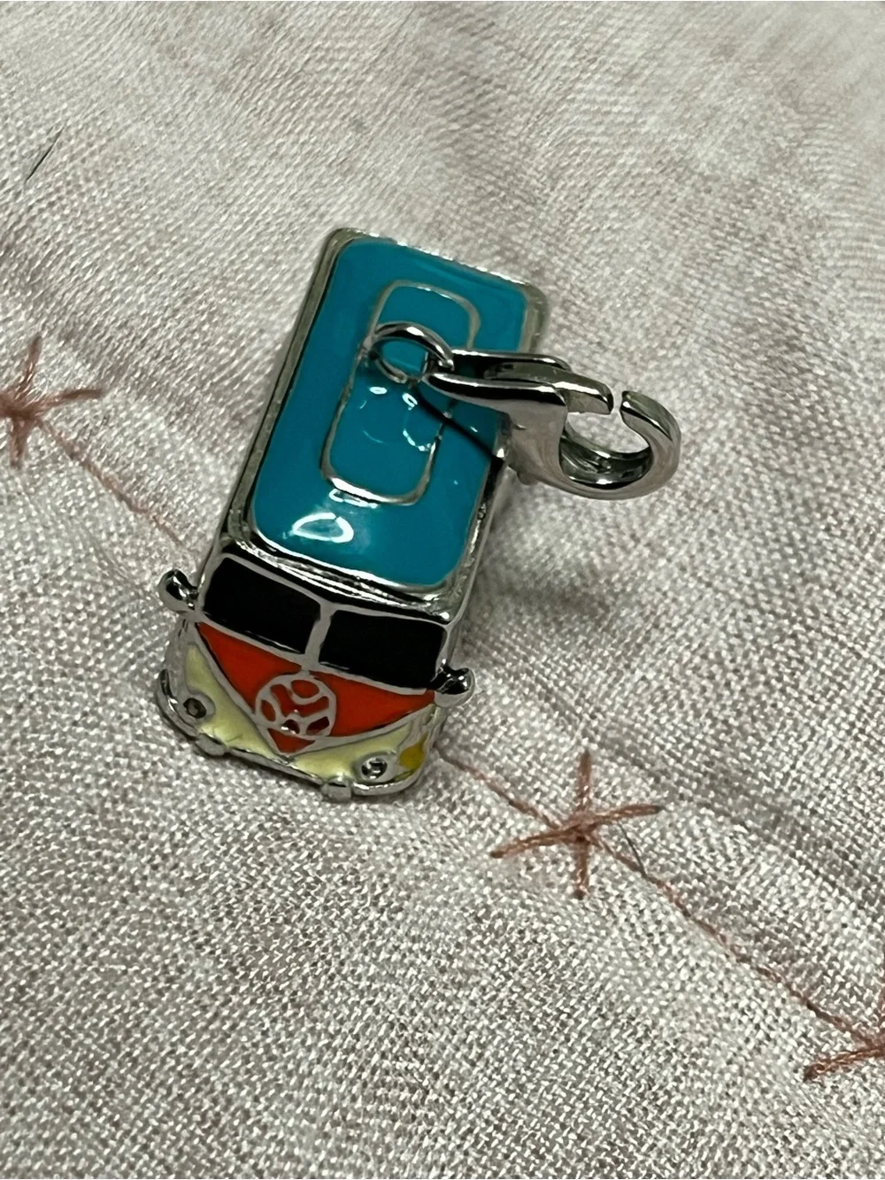 Decorative Silver Tone Van Charm with Multicolor Floral Accents 925